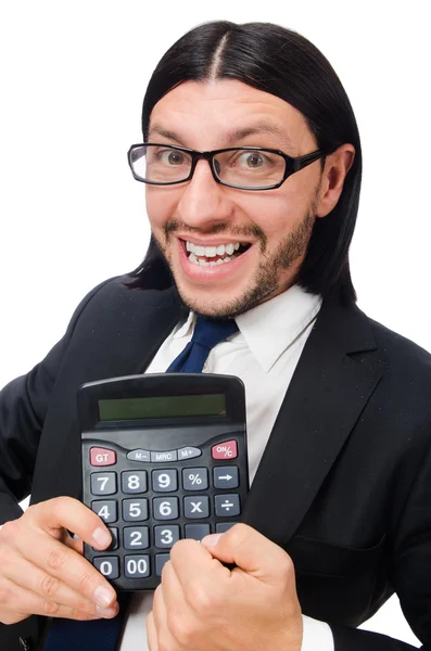 Homme avec calculatrice isolé sur blanc — Photo