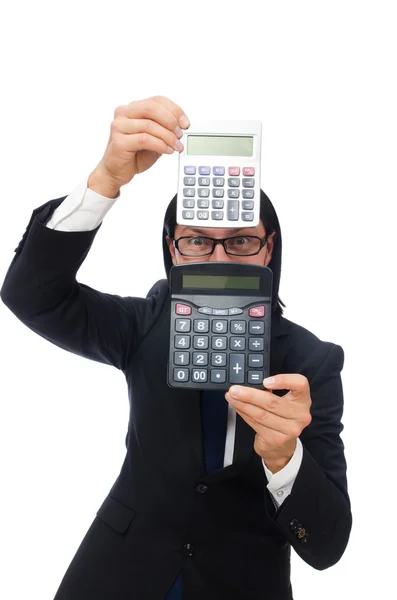 Uomo con calcolatrice isolata su bianco — Foto Stock