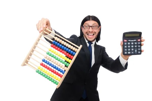 Hombre divertido con calculadora y ábaco —  Fotos de Stock