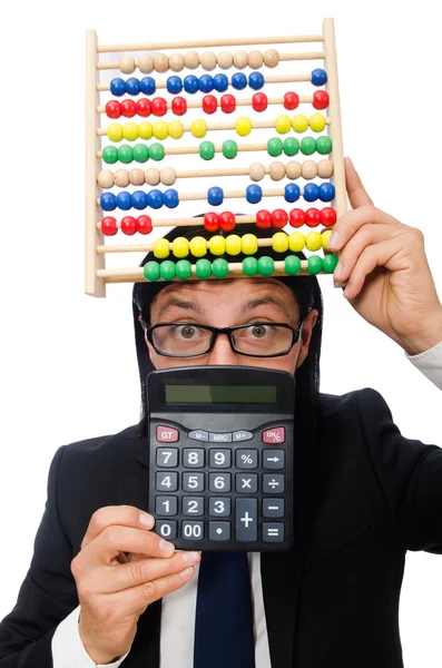 Hombre divertido con calculadora y ábaco —  Fotos de Stock