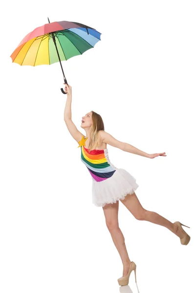 Mujer con paraguas colorido en blanco —  Fotos de Stock