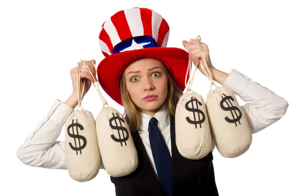Vrouw met geldzakken geïsoleerd op wit — Stockfoto