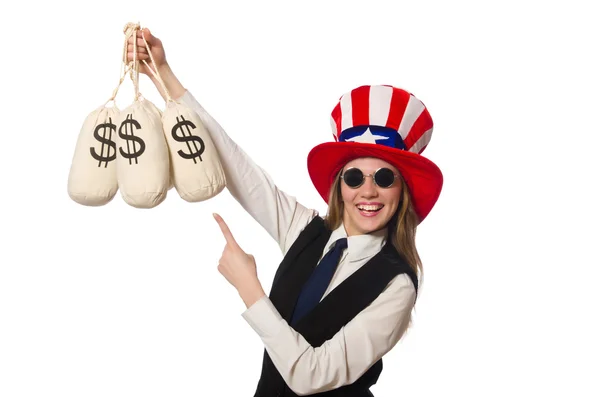 Mujer con sacos de dinero aislados en blanco — Foto de Stock
