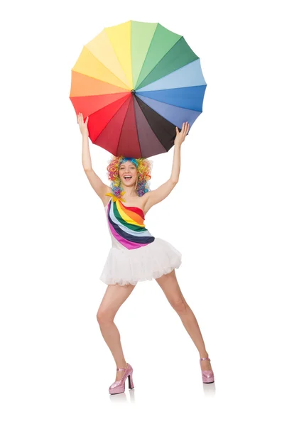 Femme avec parapluie coloré sur blanc — Photo