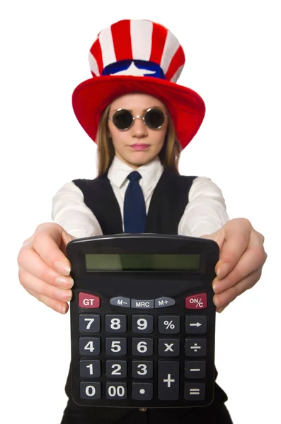 Kobieta z kalkulatora na białym tle — Zdjęcie stockowe