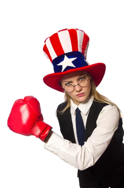 Woman with boxing gloves isolated on white — Stock Photo, Image