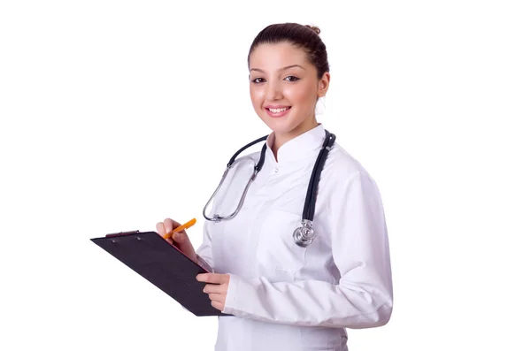 Pretty female doctor holding diary isolated on white Stock Picture