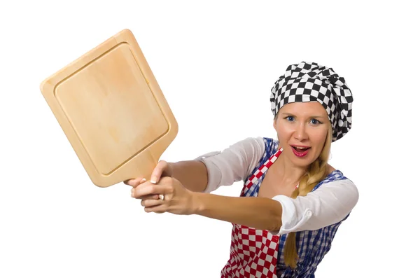 Kvinna kock isolerad på vit bakgrund Stockbild