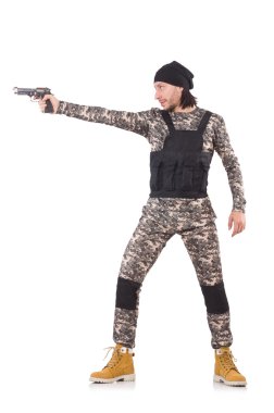 Beyaz izole tabanca ile beyaz asker