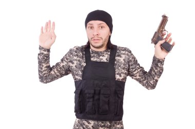 Beyaz izole tabanca ile beyaz asker