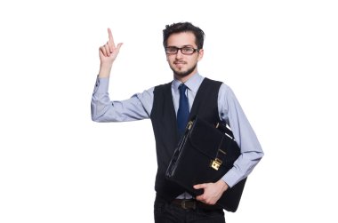 Beyaz çantalı komik iş adamı.