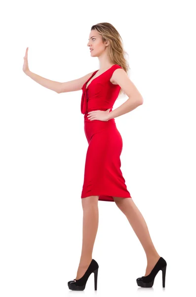 Young woman in red dress isolated on white — Stock Photo, Image