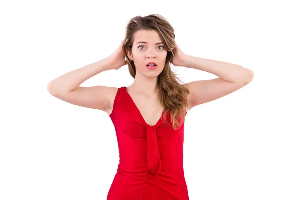 Jeune femme en robe rouge isolé sur blanc — Photo