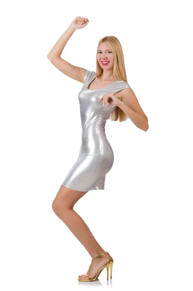 Young woman in silver dress isolated on white — Stock Photo, Image