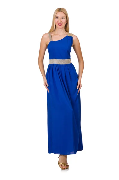 Mooie vrouw in lange blauwe jurk geïsoleerd op wit — Stockfoto