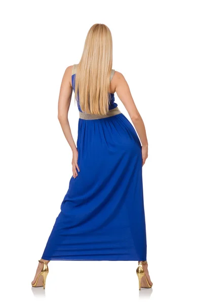 Krásná žena v dlouhých modrých šatech izolované na bílém — Stock fotografie