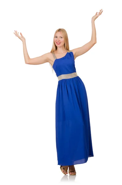 Mulher bonita em vestido azul longo isolado no branco — Fotografia de Stock