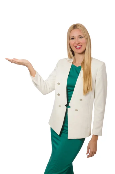 Bella giovane donna in abito verde isolato su bianco — Foto Stock