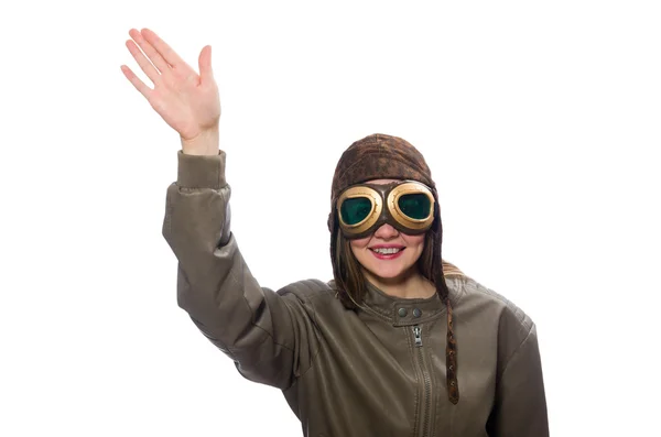 Funny woman pilot isolated on white — Stock Photo, Image