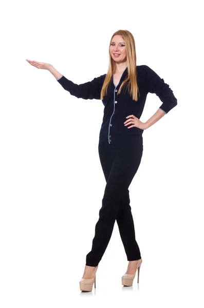 Высокая молодая женщина в черной одежде изолирована на белом — стоковое фото