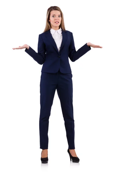 Mulher de negócios em terno azul isolado em branco — Fotografia de Stock