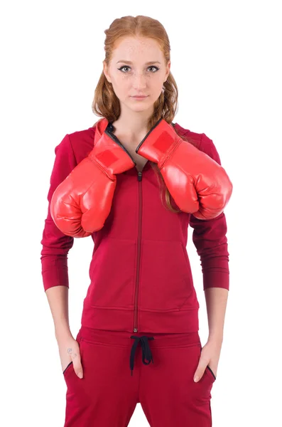 Pretty female sportsman with box gloves isolated on white — Stock Photo, Image