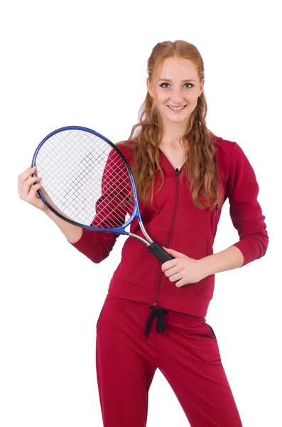 Pretty female tennis player isolated on white — Stock Photo, Image