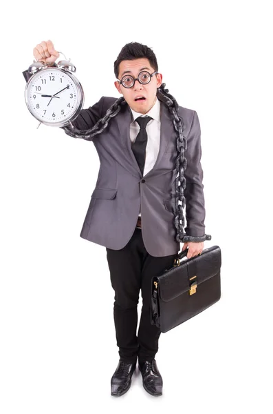 ホワイトで隔離された目覚まし時計を持つビジネスマン — ストック写真