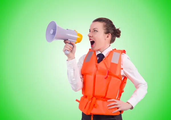 Jonge vrouw met vest en luidspreker — Stockfoto