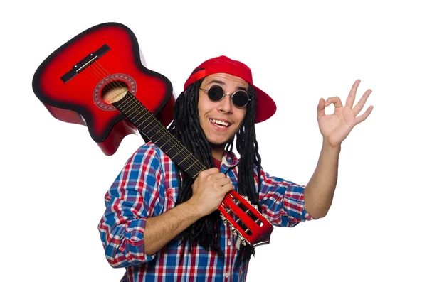 Man med dreadlocks holding gitarr isolerad på vit — Stockfoto