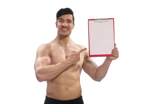 Muscular man with blank pad for your message — Stock Photo, Image