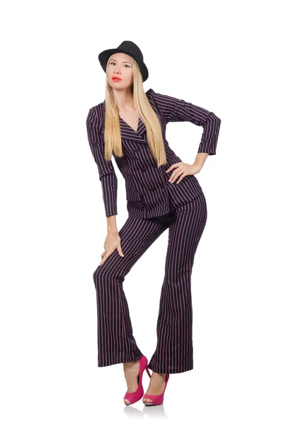 Pretty girl in purple retro suit isolated on white — Stock Photo, Image