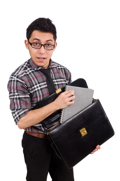Empleado joven con maletín aislado en blanco — Foto de Stock
