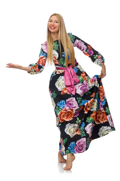 Mädchen im langen Blumenkleid isoliert auf weiß — Stockfoto