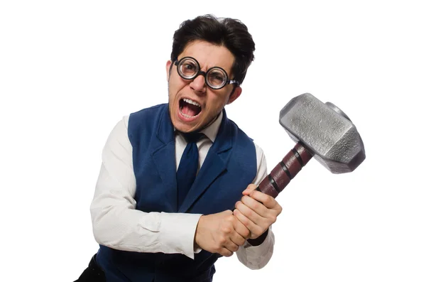 Young man holding hammer isolated on white — Stock Photo, Image