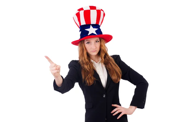 Χαριτωμένο κορίτσι φορώντας αμερικανικό σύμβολο καπέλο απομονώνονται σε λευκό — Φωτογραφία Αρχείου