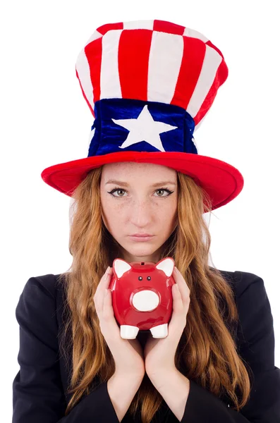Roztomilé dívka nosí americký symbol klobouk izolované na bílém — Stock fotografie