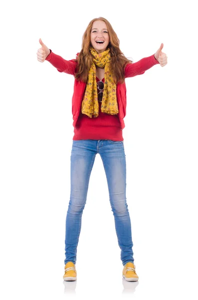 Linda chica sonriente en chaqueta roja y jeans aislados en blanco —  Fotos de Stock