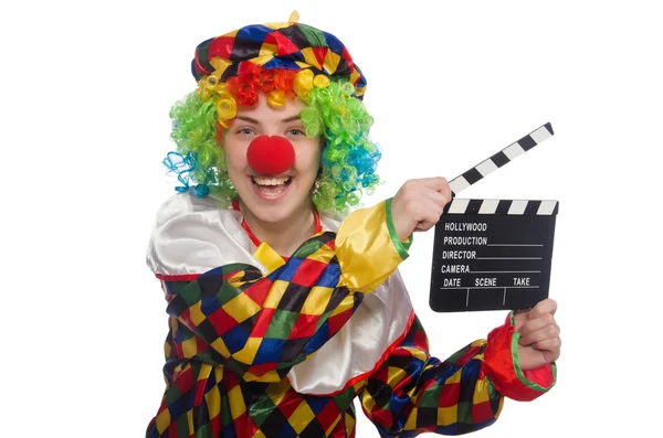 Clown with movie clapper isolated on white — Stock Photo, Image