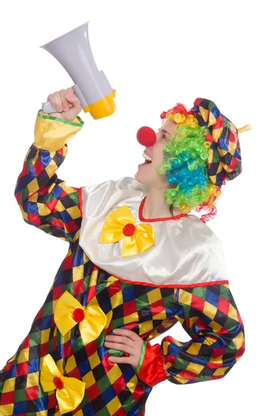 Clown avec haut-parleur isolé sur blanc — Photo