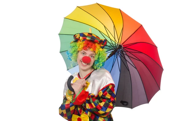Clown met paraplu geïsoleerd op wit — Stockfoto