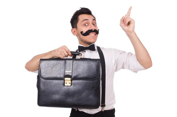 Young man with briefcase isolated on white — Stock Photo, Image