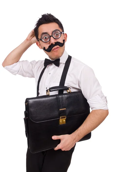 Young man with briefcase isolated on white — Stock Photo, Image