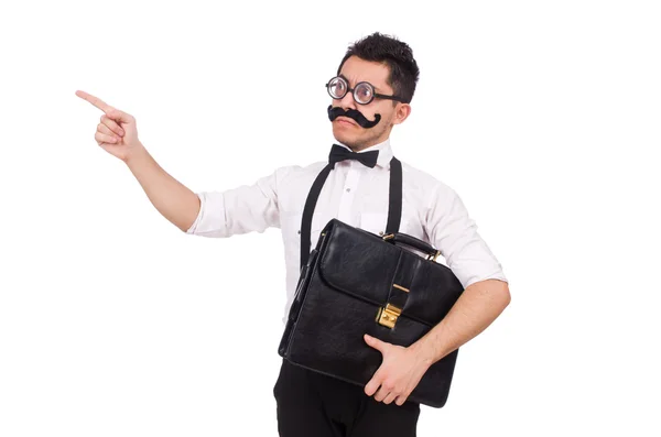 Young man with briefcase isolated on white — Stock Photo, Image