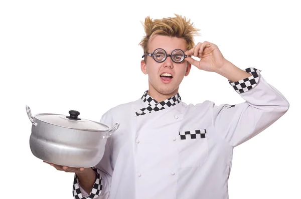Кумедний шеф-кухар тримає сковороду ізольовано на білому — стокове фото