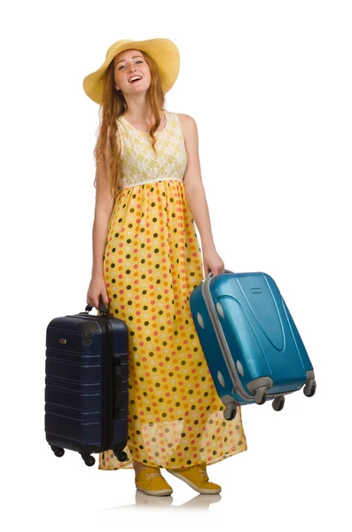 Woman ready for summer travel isolated on white — Stock Photo, Image