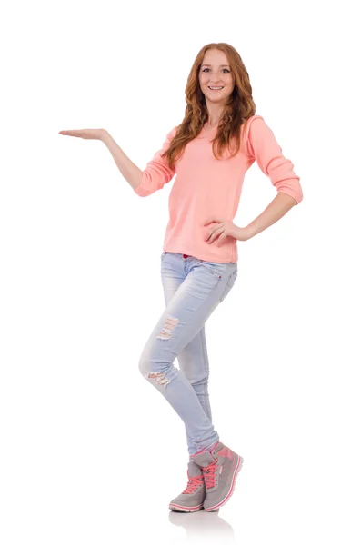 Menina sorridente bonito em blusa rosa e jeans isolado em branco — Fotografia de Stock