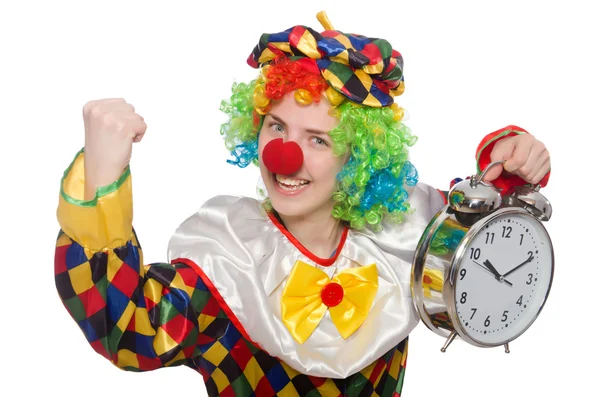 Clown with clock isolated on white — Stock Photo, Image