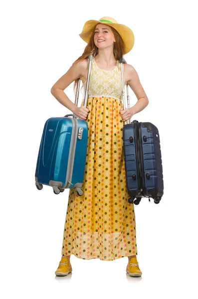 Woman ready for summer travel isolated on white — Stock Photo, Image