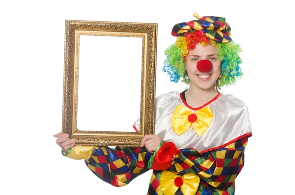 Grappige clown meisje met frame geïsoleerd op wit — Stockfoto